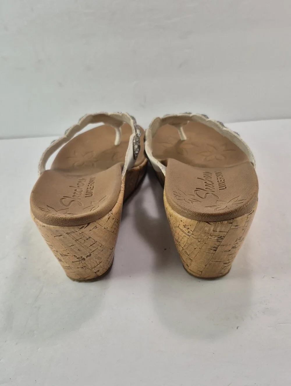 Skechers Cali Beverlee Bizzy Babe Rhinestone Cork Wedge Sandals White Size 7